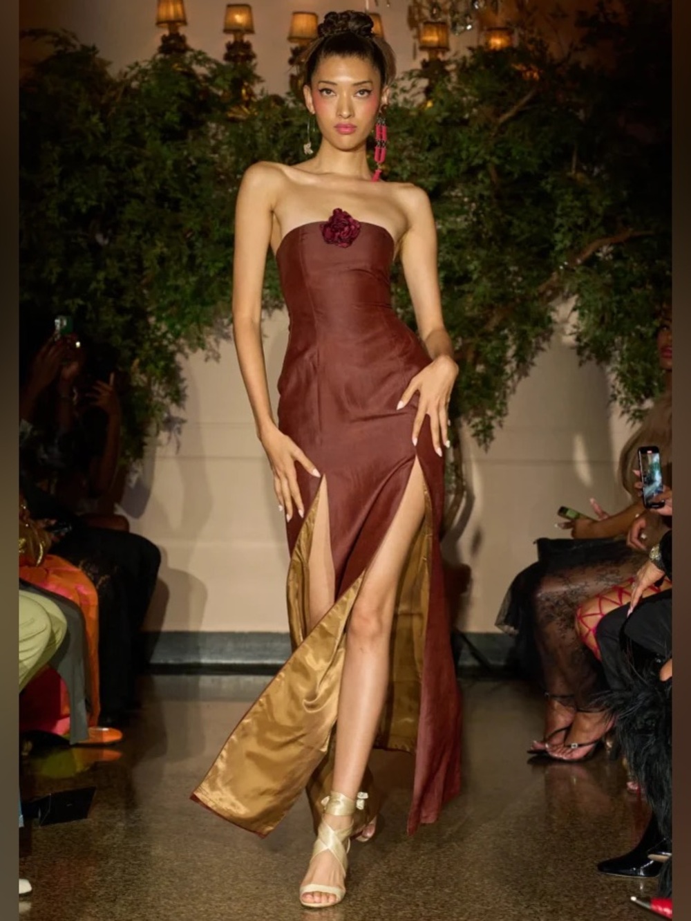 Kim Shui SS24 NYFW Runway Dress Brown Satin Rosette Corset Gown